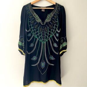 Vintage Kenar Silk Dress Embroidered Peacock Size Medium Fairy Whimsigoth